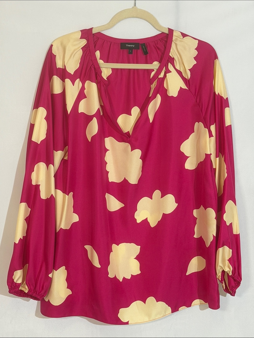 Theory Long Sleeve Floral Silk Top Blouse Size L Bright Pink And Cream